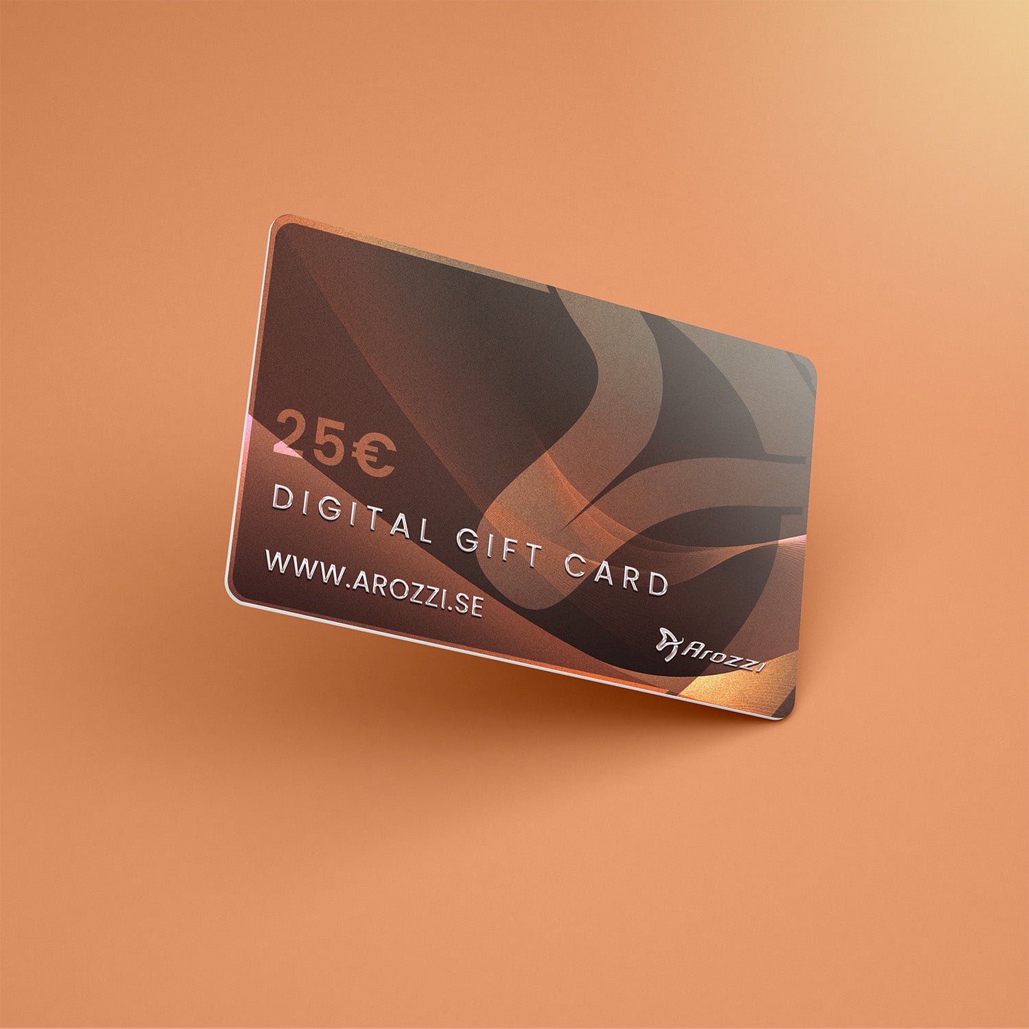 Digital gift card for 25€ with Arozzi branding on an orange background